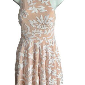 Jodi Kristopher Peach Dress w/ White Floral Sequin Overlay Womens Size 9 Lined